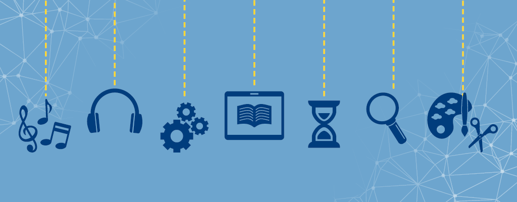 An illustration showing musical notes, headphones, cogwheels, a boon on an ereader, an hourglass, a magnifying glass, and an artist's palette.