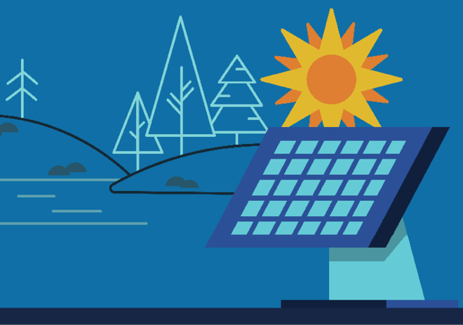 Graphic with a stylized solar panel, sun, and trees. 