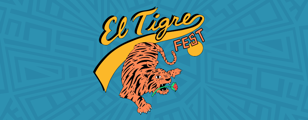 Logo for El Tigre Fest featuring an illustrated orange tiger holding a red rose in its mouth, with stylized yellow text reading 'El Tigre Fest' on a blue patterned background