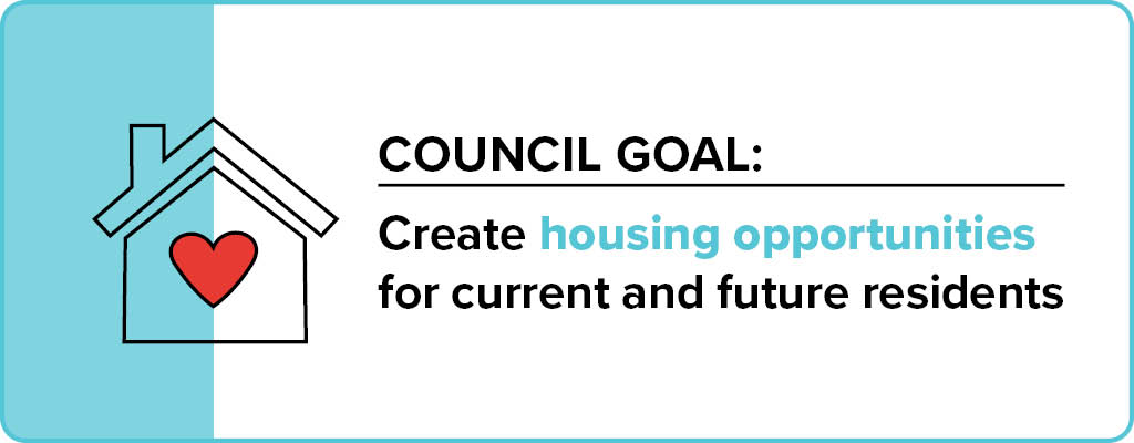 Illustration of a simple house outline with a red heart inside. Next to it, text reads: “Create housing opportunities for current and future residents.